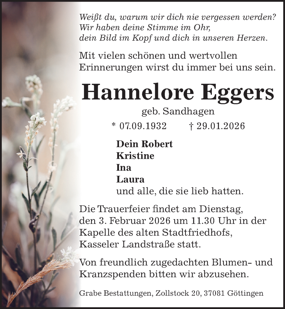  Traueranzeige für Hannelore Eggers vom 31.01.2026 aus Göttinger Tageblatt
