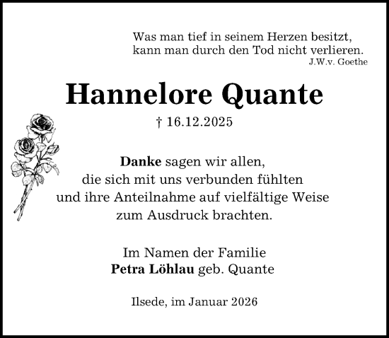 Traueranzeige von Hannelore Quante von Peiner Allgemeine Zeitung