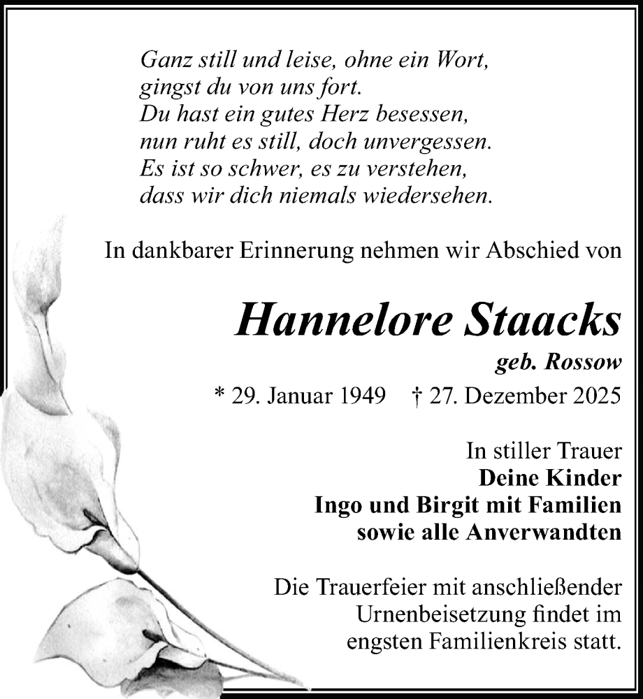  Traueranzeige für Hannelore Staacks vom 10.01.2026 aus Wochenspiegel