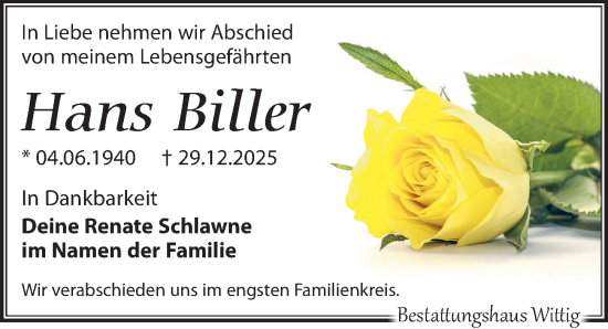 Traueranzeige von Hans Biller von Leipziger Volkszeitung