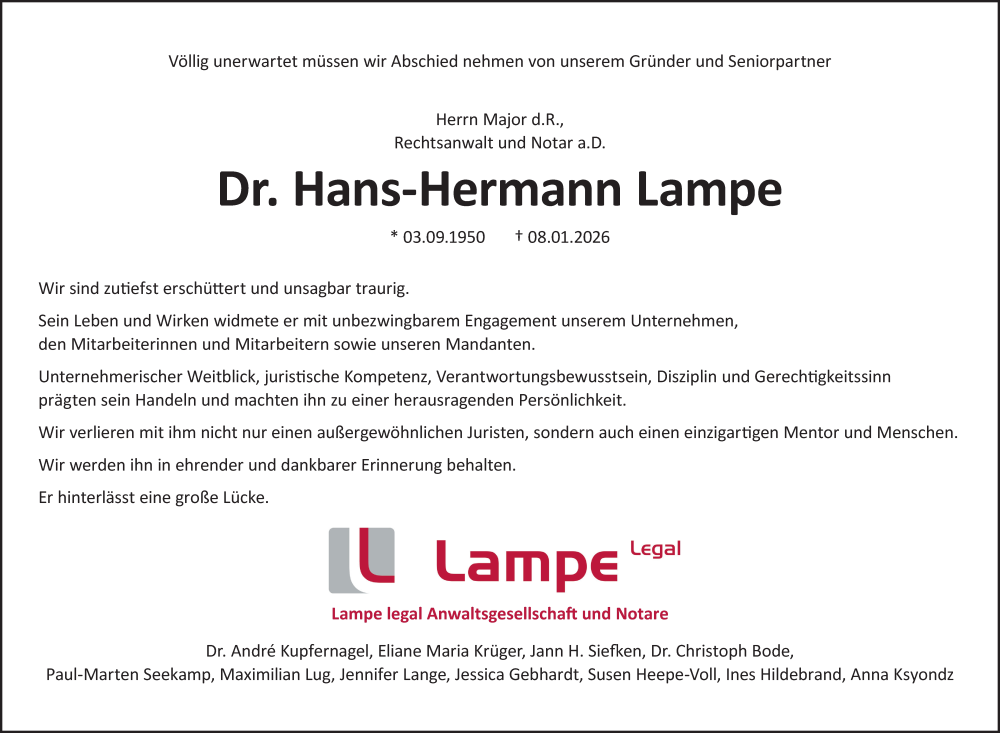  Traueranzeige für Hans-Hermann Lampe vom 24.01.2026 aus Göttinger Tageblatt