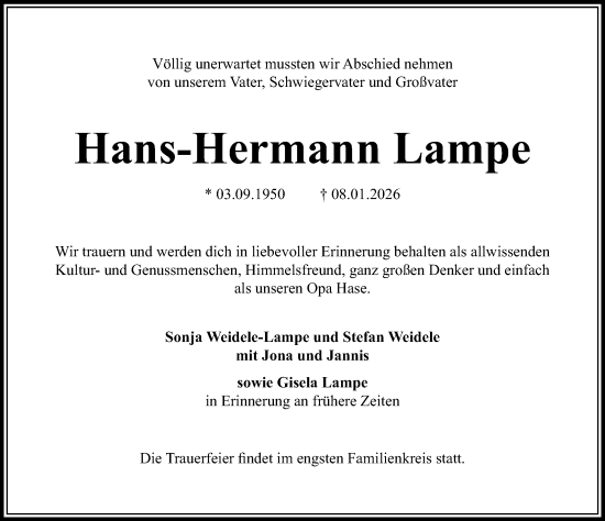 Traueranzeige von Hans-Hermann Lampe von Göttinger Tageblatt