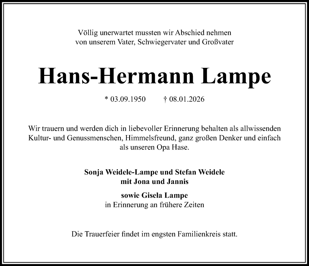  Traueranzeige für Hans-Hermann Lampe vom 24.01.2026 aus Göttinger Tageblatt