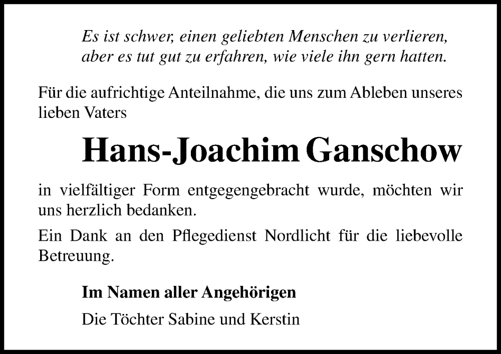  Traueranzeige für Hans-Joachim Ganschow vom 31.01.2026 aus Ostsee-Zeitung GmbH