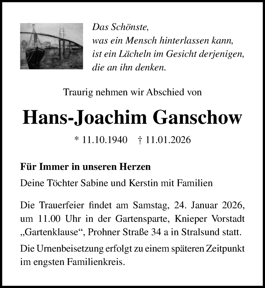  Traueranzeige für Hans-Joachim Ganschow vom 17.01.2026 aus Ostsee-Zeitung GmbH