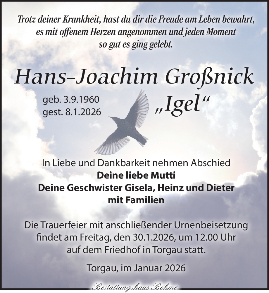  Traueranzeige für Hans-Joachim Großnick vom 24.01.2026 aus Torgauer Zeitung