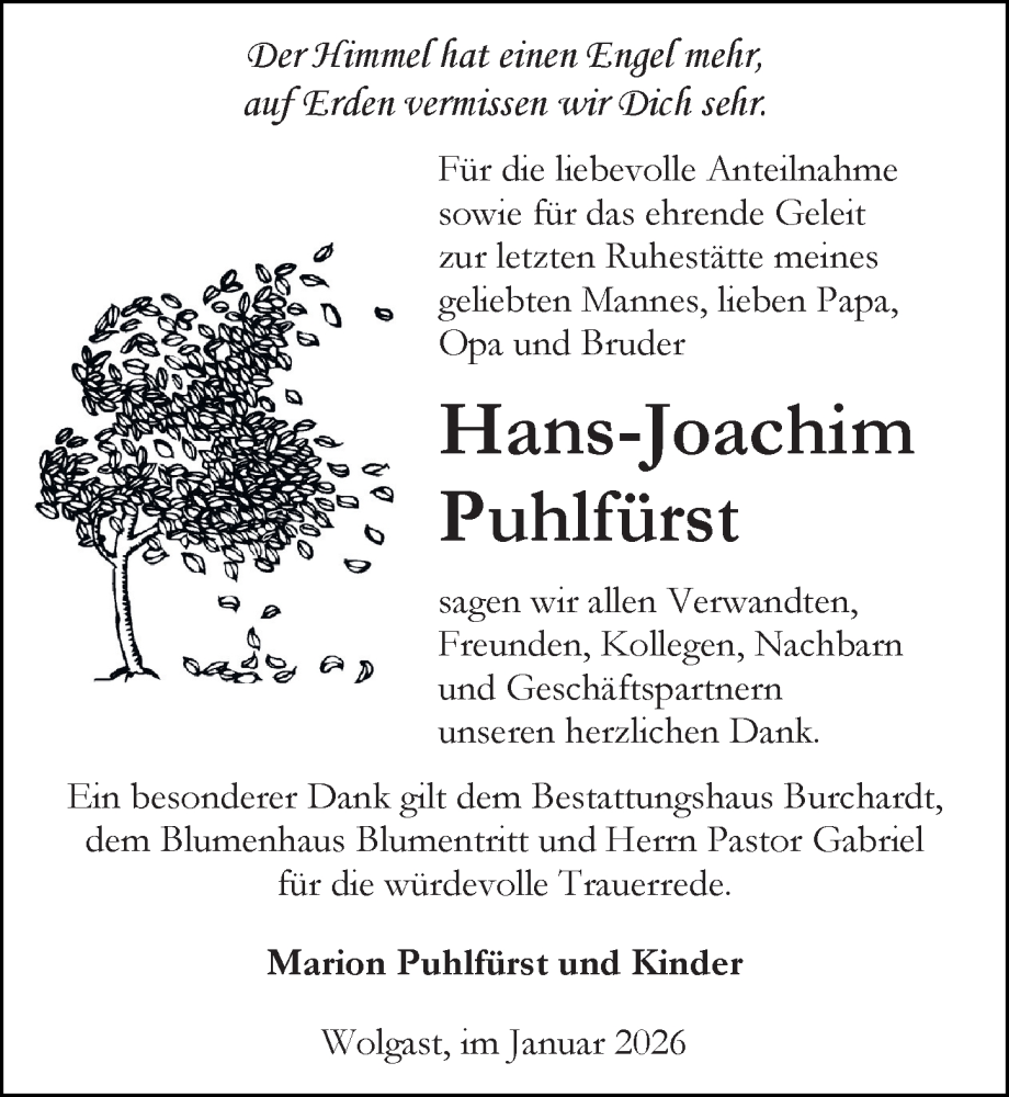  Traueranzeige für Hans-Joachim Puhlfürst vom 24.01.2026 aus Ostsee-Zeitung GmbH
