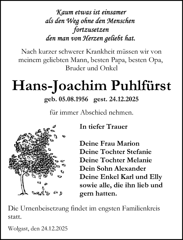  Traueranzeige für Hans-Joachim Puhlfürst vom 03.01.2026 aus Ostsee-Zeitung GmbH