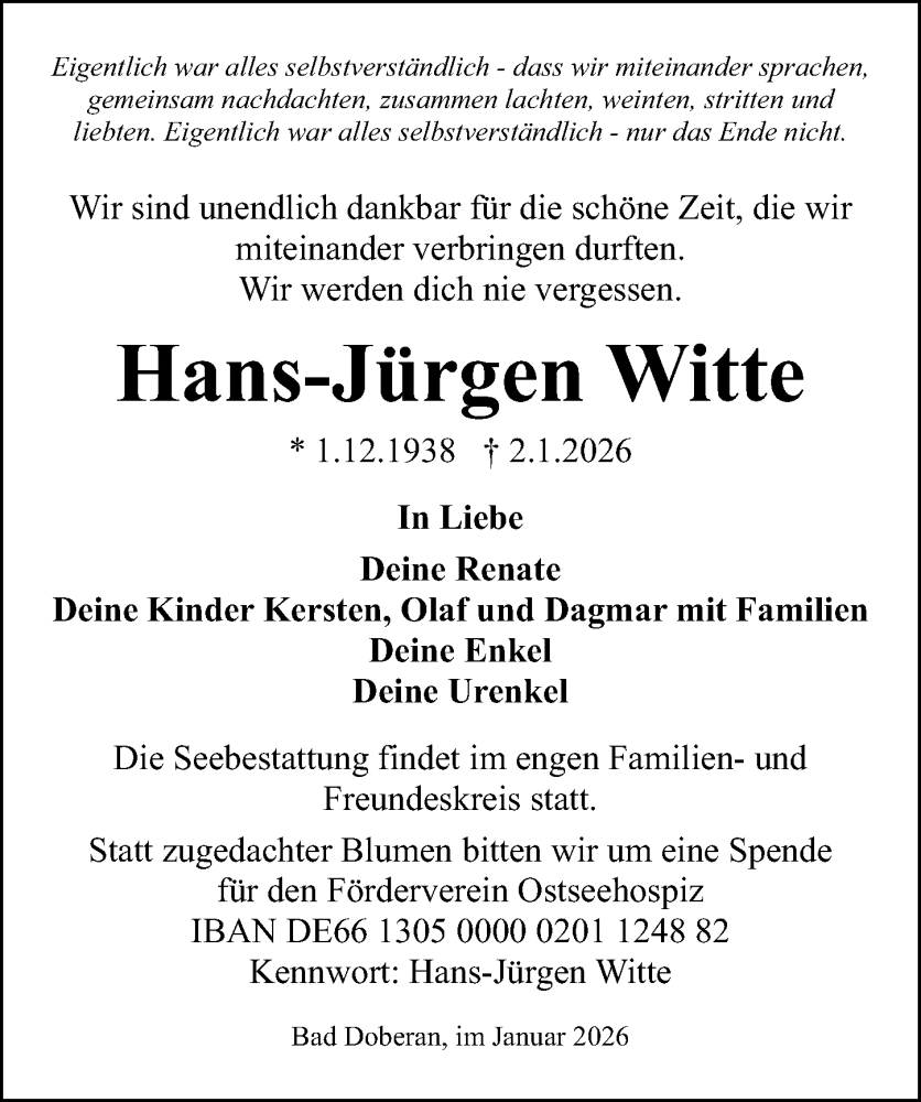  Traueranzeige für Hans-Jürgen Witte vom 17.01.2026 aus Ostsee-Zeitung GmbH