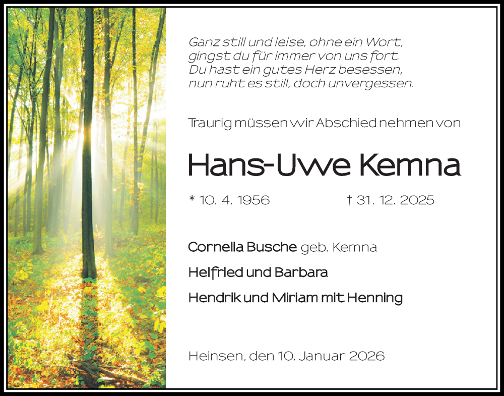  Traueranzeige für Hans-Uwe Kemna vom 10.01.2026 aus Täglicher Anzeiger Holzminden