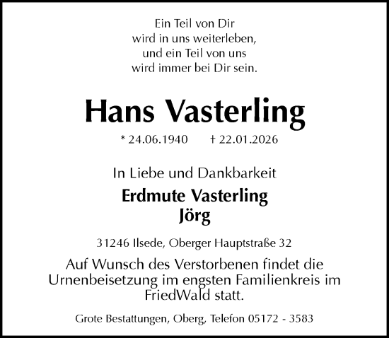 Traueranzeige von Hans Vasterling von Peiner Allgemeine Zeitung