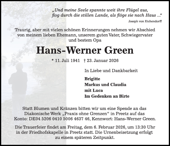Traueranzeige von Hans-Werner Green von Kieler Nachrichten