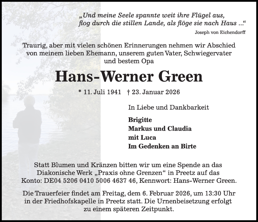  Traueranzeige für Hans-Werner Green vom 31.01.2026 aus Kieler Nachrichten
