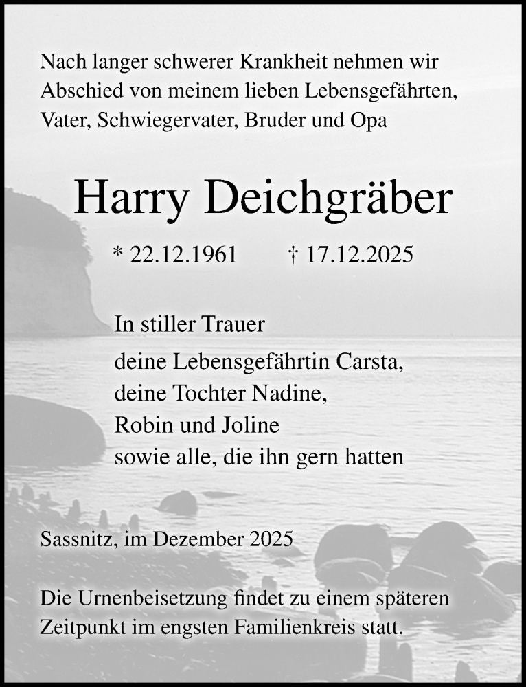  Traueranzeige für Harry Deichgräber vom 03.01.2026 aus Ostsee-Zeitung GmbH