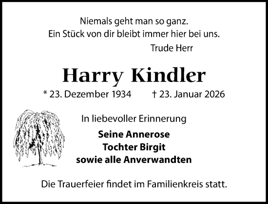 Traueranzeige von Harry Kindler von Sächsische Zeitung