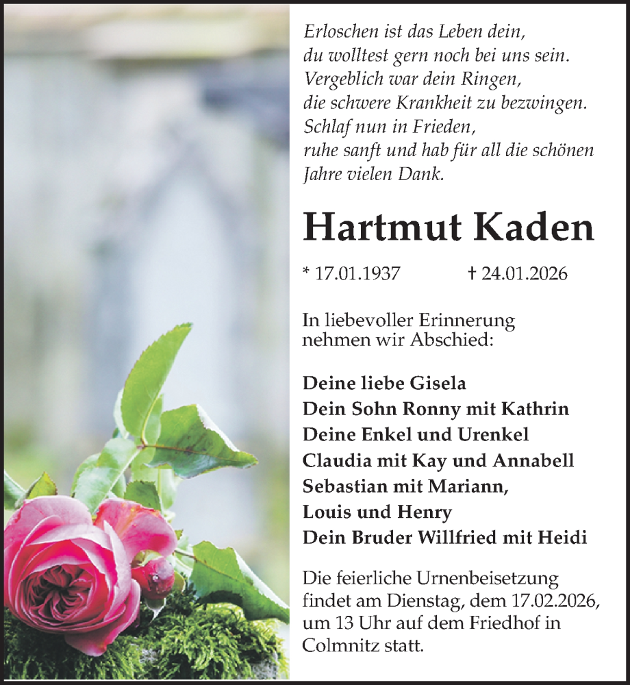  Traueranzeige für Hartmut Kaden vom 31.01.2026 aus Sächsische Zeitung
