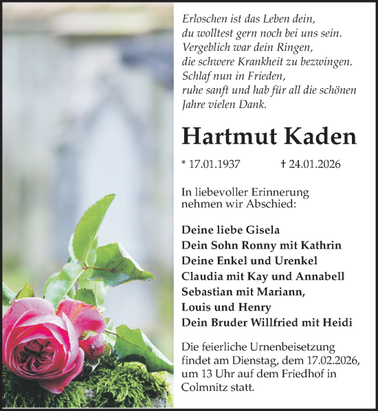 Traueranzeige von Hartmut Kaden von Sächsische Zeitung
