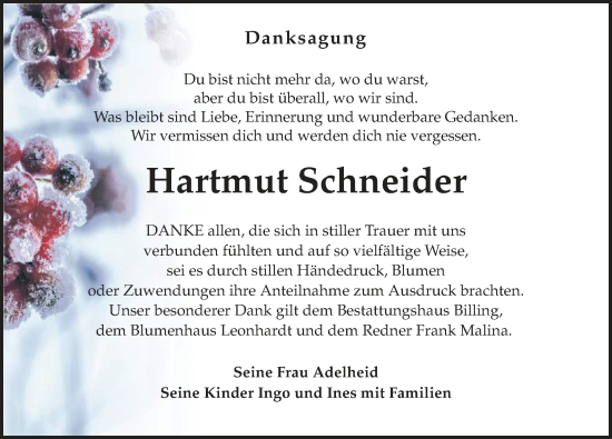 Traueranzeige von Hartmut Schneider von Sächsische Zeitung