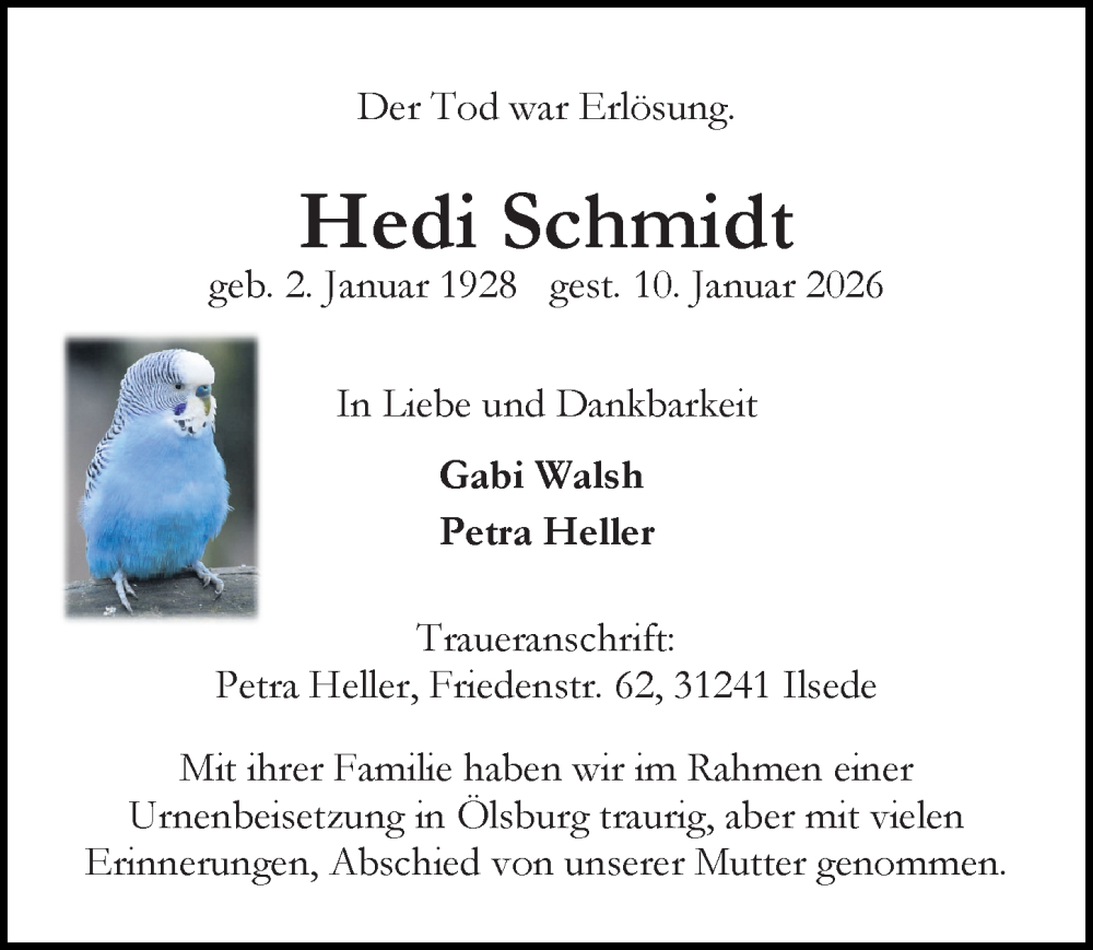  Traueranzeige für Hedi Schmidt vom 31.01.2026 aus Peiner Allgemeine Zeitung