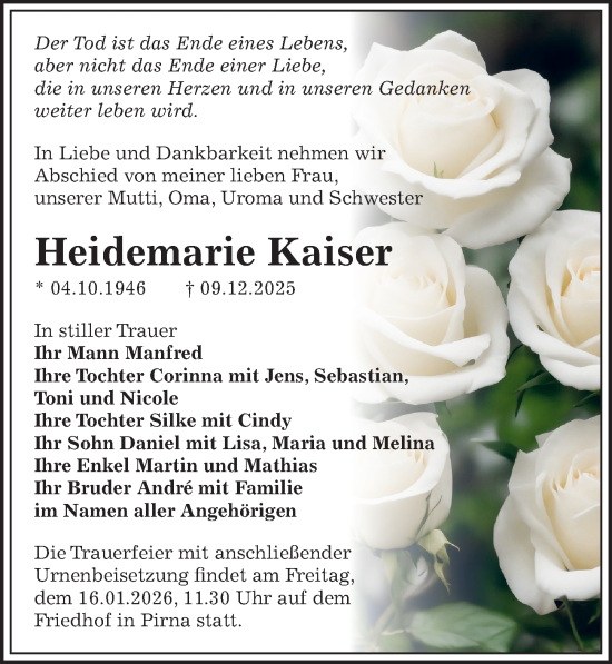 Traueranzeige von Heidemarie Kaiser von Sächsische Zeitung
