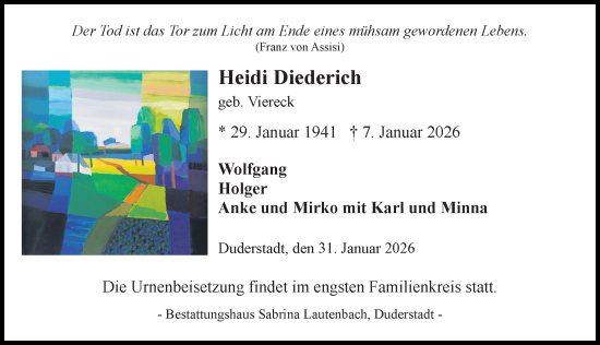 Traueranzeige von Heidi Diederich von Eichsfelder Tageblatt