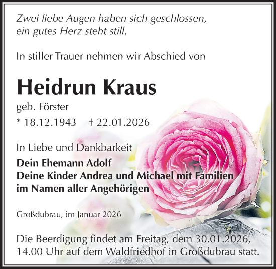 Traueranzeige von Heidrun Kraus von Sächsische Zeitung