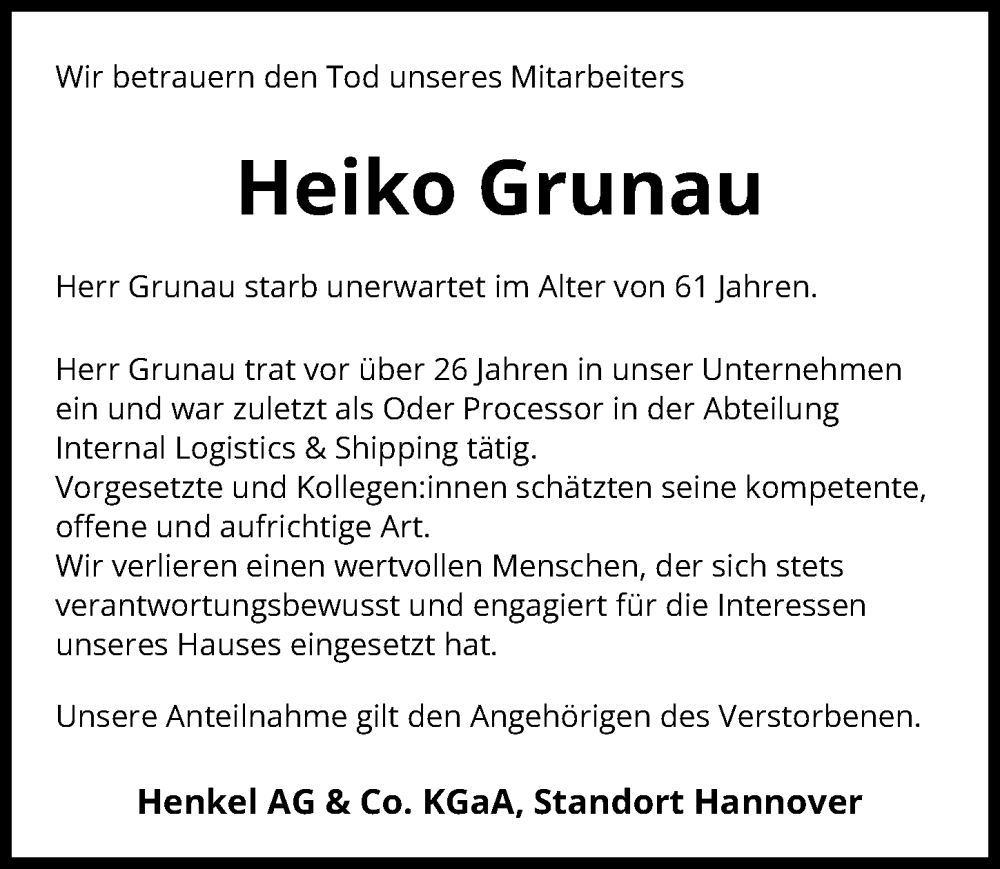  Traueranzeige für Heiko Grunau vom 17.01.2026 aus Hannoversche Allgemeine Zeitung/Neue Presse