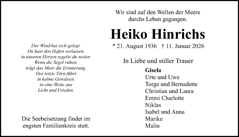  Traueranzeige für Heiko Hinrichs vom 24.01.2026 aus Göttinger Tageblatt