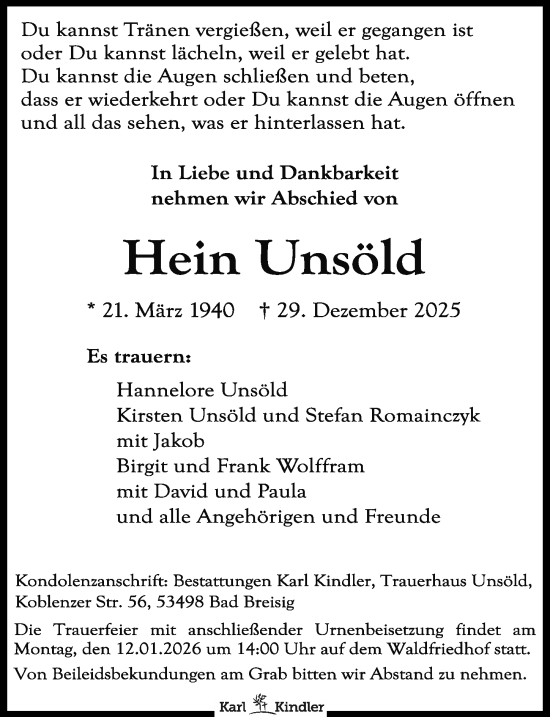 Traueranzeige von Hein Unsöld von Täglicher Anzeiger Holzminden