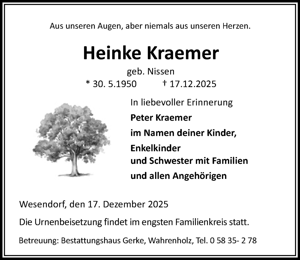  Traueranzeige für Heinke Kraemer vom 10.01.2026 aus Aller Zeitung