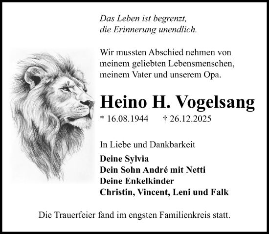 Traueranzeige von Heino H. Vogelsang von Lübecker Nachrichten