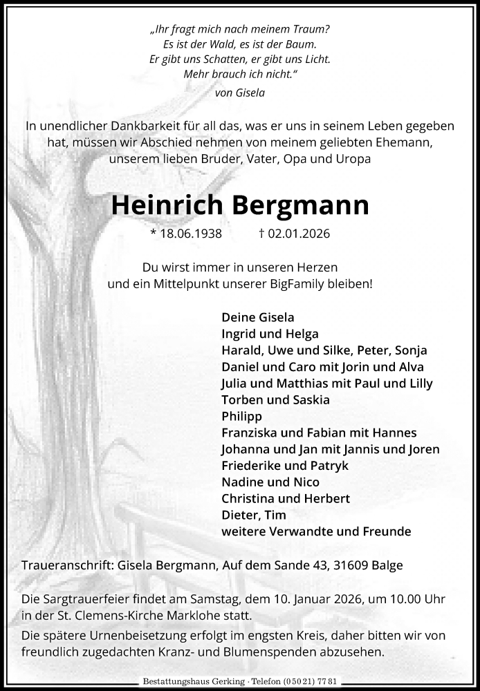  Traueranzeige für Heinrich Bergmann vom 07.01.2026 aus Die Harke