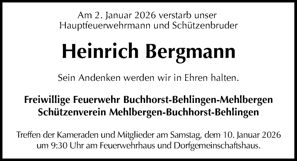  Traueranzeige für Heinrich Bergmann vom 07.01.2026 aus Die Harke