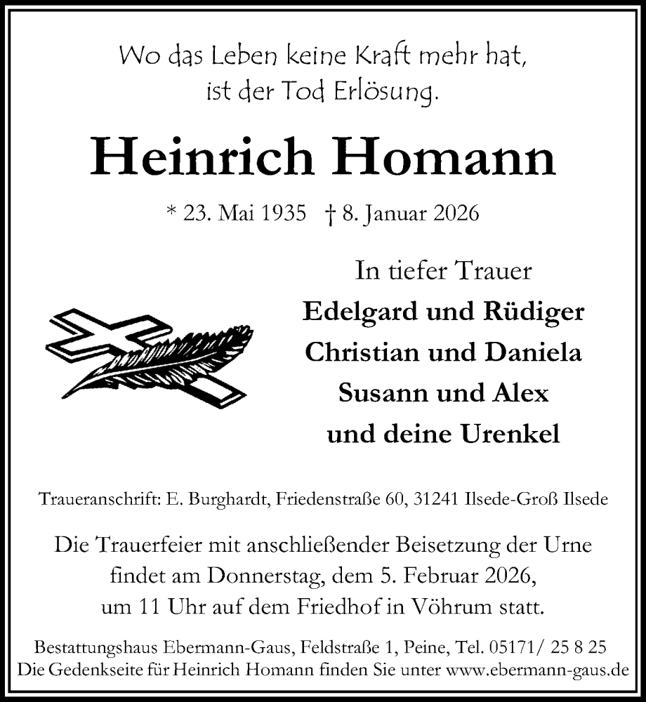  Traueranzeige für Heinrich Homann vom 17.01.2026 aus Peiner Allgemeine Zeitung