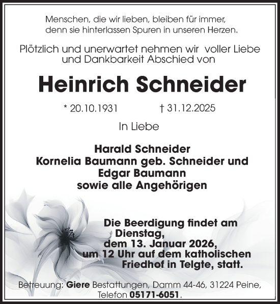Traueranzeige von Heinrich Schneider von Peiner Allgemeine Zeitung