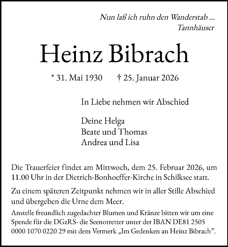  Traueranzeige für Heinz Bibrach vom 31.01.2026 aus Kieler Nachrichten