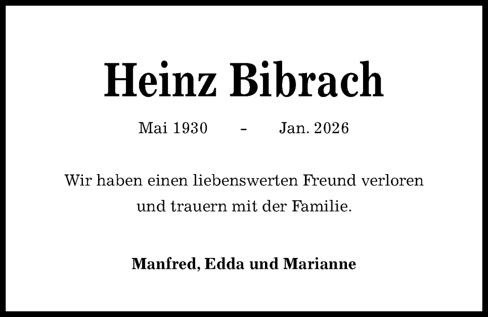  Traueranzeige für Heinz Bibrach vom 31.01.2026 aus Kieler Nachrichten