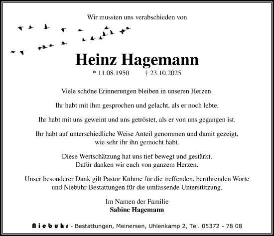 Traueranzeige von Heinz Hagemann von Aller Zeitung
