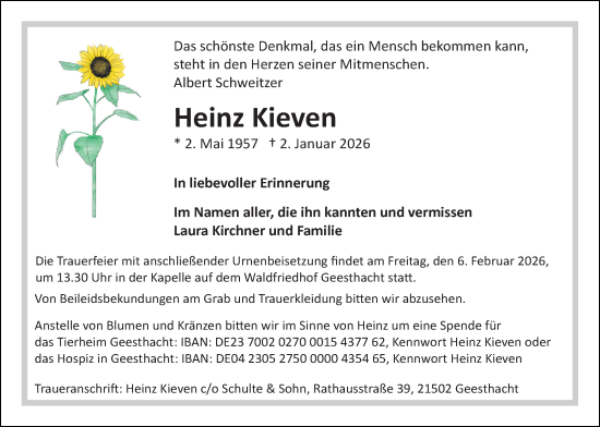 Traueranzeige von Heinz Kieven von Täglicher Anzeiger Holzminden