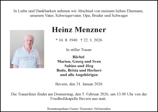 Traueranzeige von Heinz Menzner von Täglicher Anzeiger Holzminden