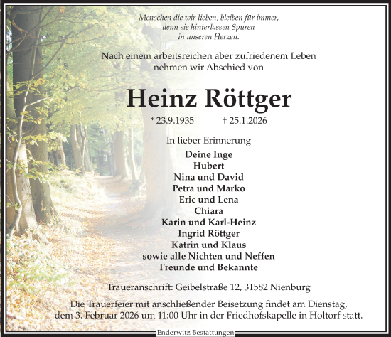 Traueranzeige von Heinz Röttger von Die Harke
