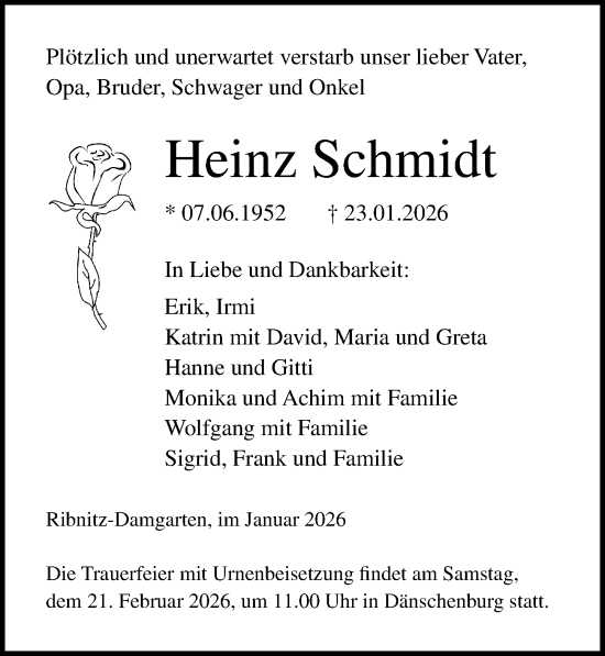 Traueranzeige von Heinz Schmidt von Ostsee-Zeitung GmbH
