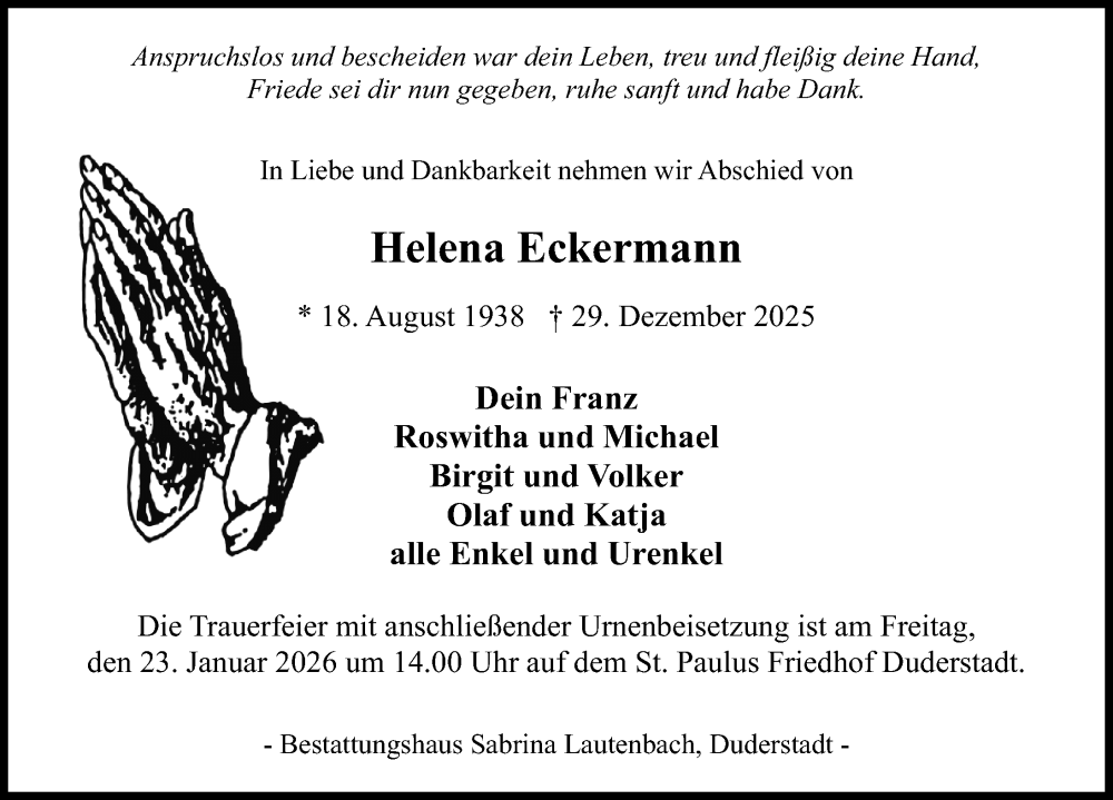  Traueranzeige für Helena Eckermann vom 17.01.2026 aus Eichsfelder Tageblatt