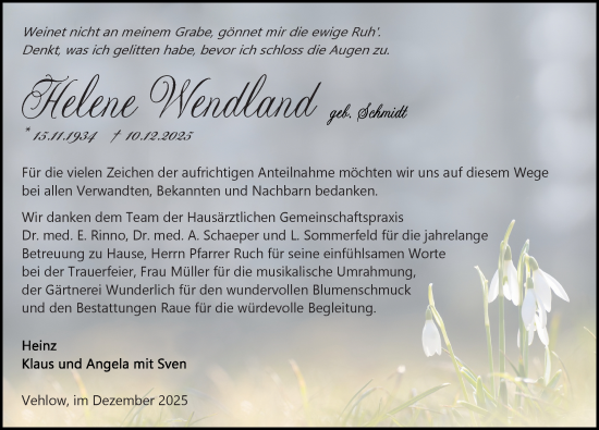 Traueranzeige von Helene Wendland von Märkischen Allgemeine Zeitung