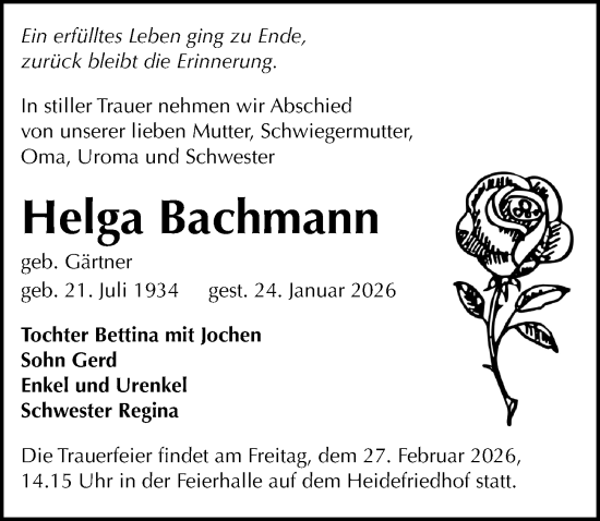 Traueranzeige von Helga Bachmann von Sächsische Zeitung