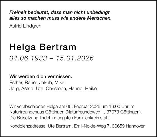 Traueranzeige von Helga Bertram von Göttinger Tageblatt