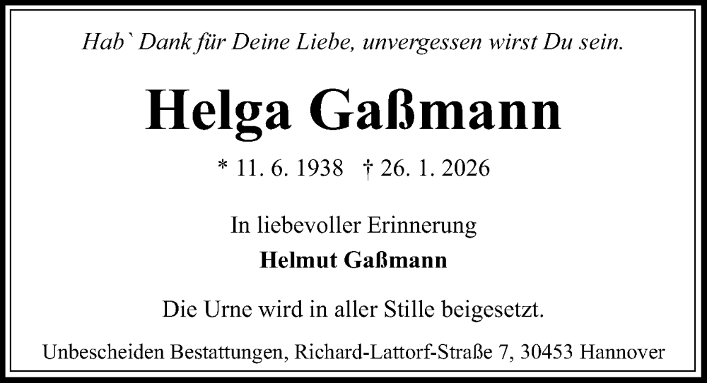  Traueranzeige für Helga Gaßmann vom 31.01.2026 aus Hannoversche Allgemeine Zeitung/Neue Presse