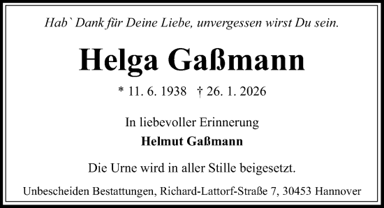Traueranzeige von Helga Gaßmann von Hannoversche Allgemeine Zeitung/Neue Presse
