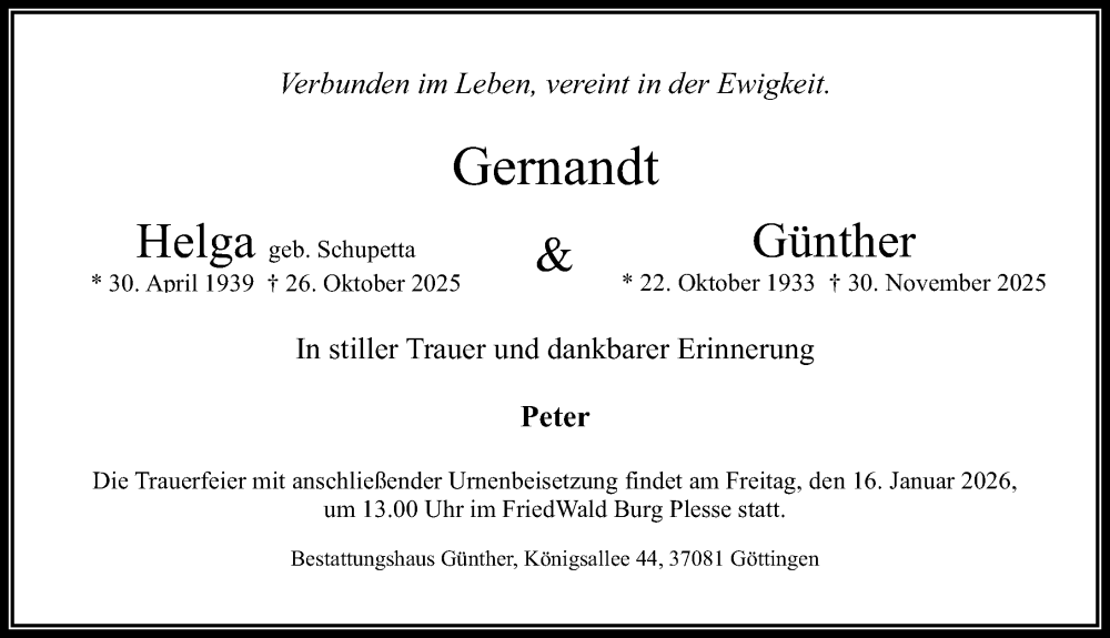  Traueranzeige für Helga Gernandt vom 10.01.2026 aus Göttinger Tageblatt