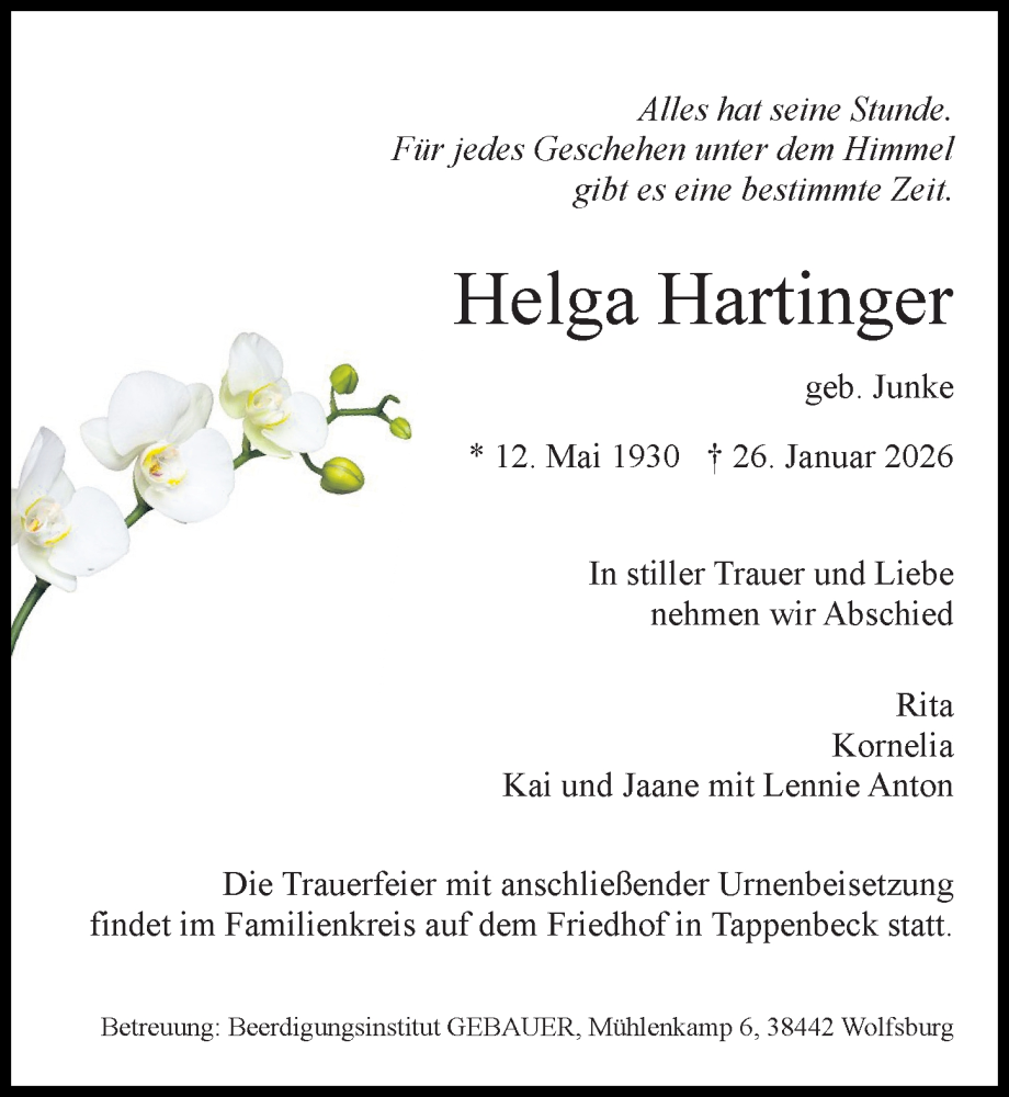  Traueranzeige für Helga Hartinger vom 31.01.2026 aus Aller Zeitung